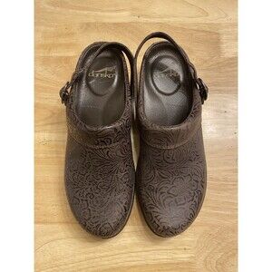 Dansko Allison Mule Comfort Shoe, brown, size 38 US 7.5, embossed leather
